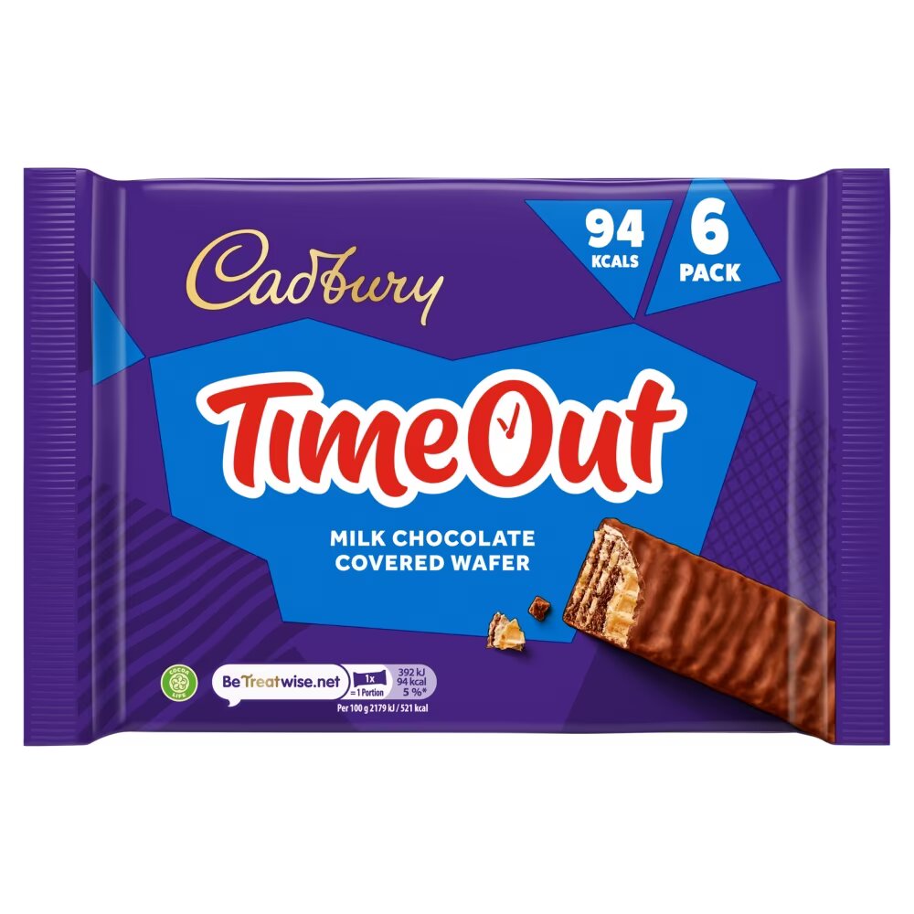 Cadbury Timeout Milk Chocolate Covered Wafer 6 Pack 108g